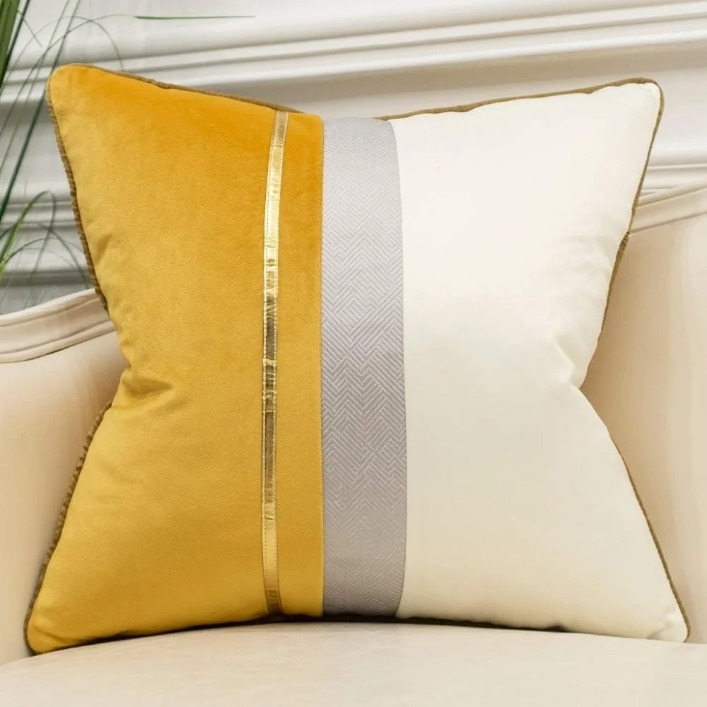 22 x 22" Yellow White Gold Faux Leather Striped Patchwork Velvet Luxury Pillow - Picture 1 of 5